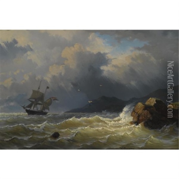 A Sailing Vessel Near A Rocky Coast Oil Painting - Willem Gruyter The Younger