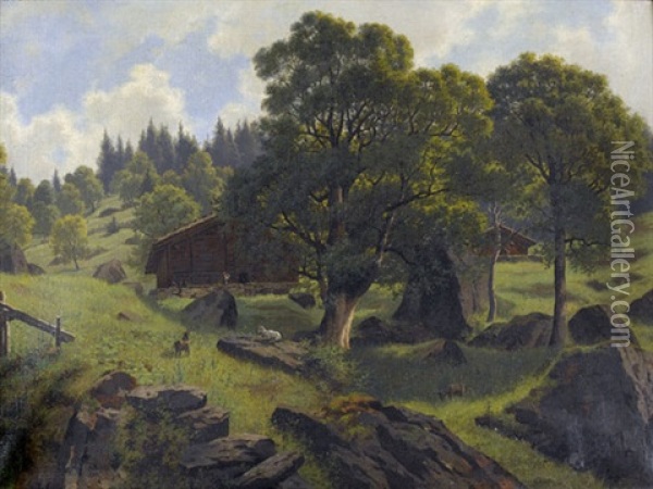 Felsiger Hang Mit Bauernhausern Oil Painting - Wilhelm Bernhard Benteli