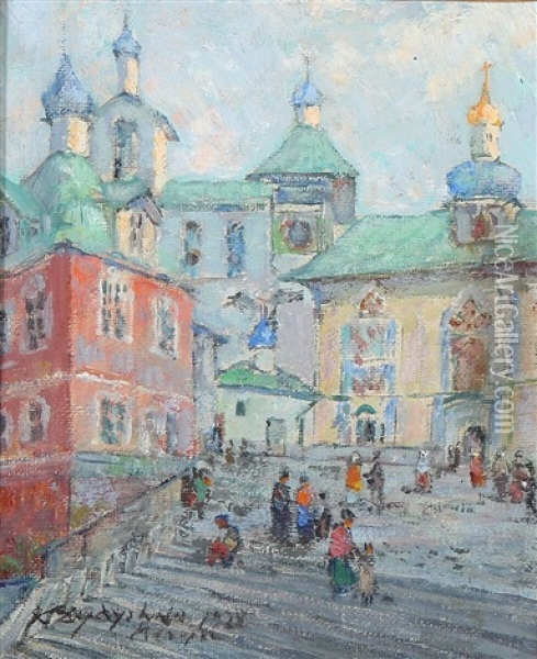Russian View From Pechory With Pechersky Monastary Oil Painting - Konstantin Vikent'evich Dydyshko