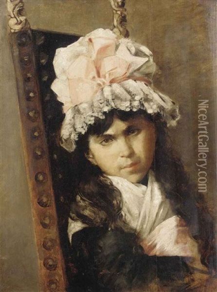 Portrait Of A Girl, Seated, In A Black Dress And White Bonnet With A Pink Ribbon Oil Painting - Felix Alfred Bonnet