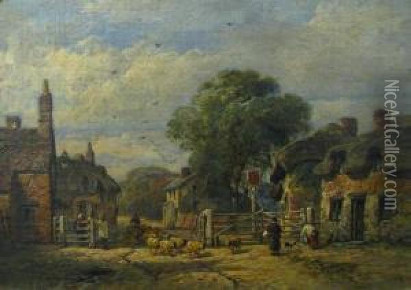 A Village Scene With Figures And Animals Oil Painting - William Pitt