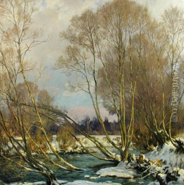 Pollards By A Stream In Winter Oil Painting - Harry William Adams
