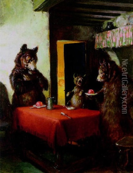 Three Bears At Table While Goldilocks Snoozes Oil Painting - Angus Peter Macdonall