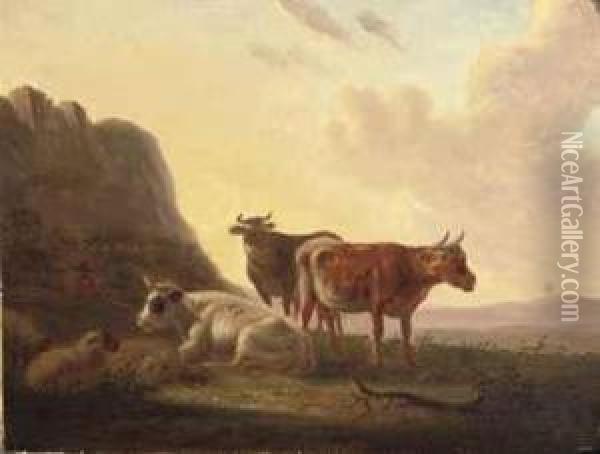 A Herdsman And His Cattle At Sunset Oil Painting - Matthijs Quispel