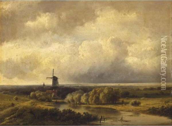 A River Landscape With A Windmill Oil Painting - Pieter Lodewijk Francisco Kluyver