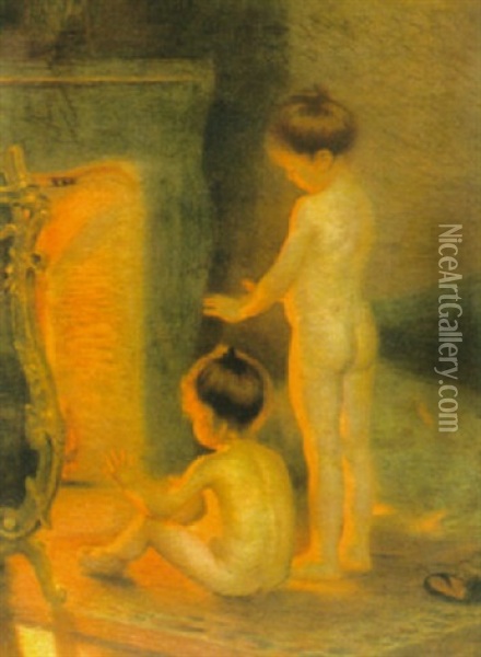 Children Warming Themselves By The Fire Oil Painting - Paul Peel