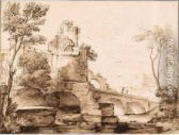 Italianate Landscape With Ruins, And Figures On A Bridge Oil Painting - Adriaen Van Der Kabel