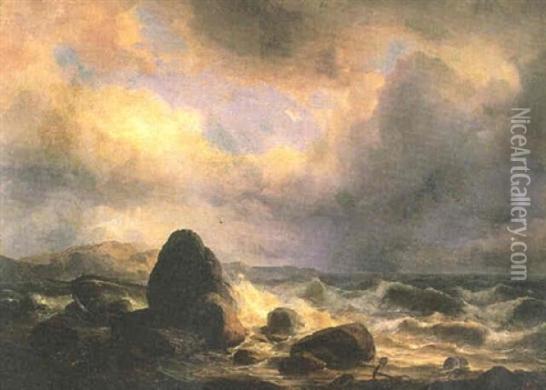 Sturmbewegte Felsenkuste Mit Gestrandetem Schiff Oil Painting - Friedrich Johann C.E. Preller the Elder