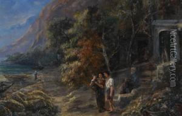 Figures On A Continental Riverbank Oil Painting - Jan Jacob Lodewijk Ten Kate