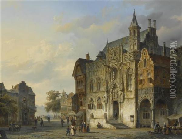 Dutch City View With Figures. Oil Painting - Cornelis Springer