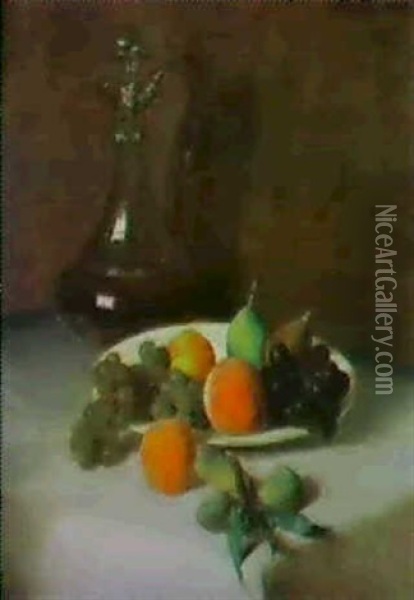 Carafe De Vin Et Assiette De Fruits Sur Une Nappe Blanche Oil Painting - Henri Fantin-Latour