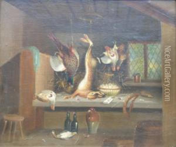 A Game Larder With Pheasant, Partridge And Hare Oil Painting - Benjamin Blake
