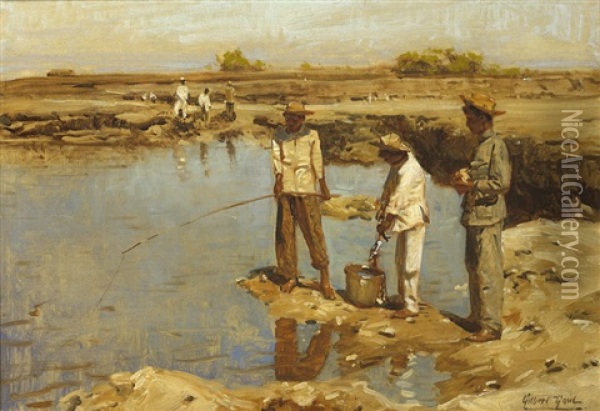 Figures Fishing From The Shore Oil Painting - Gilbert Gaul