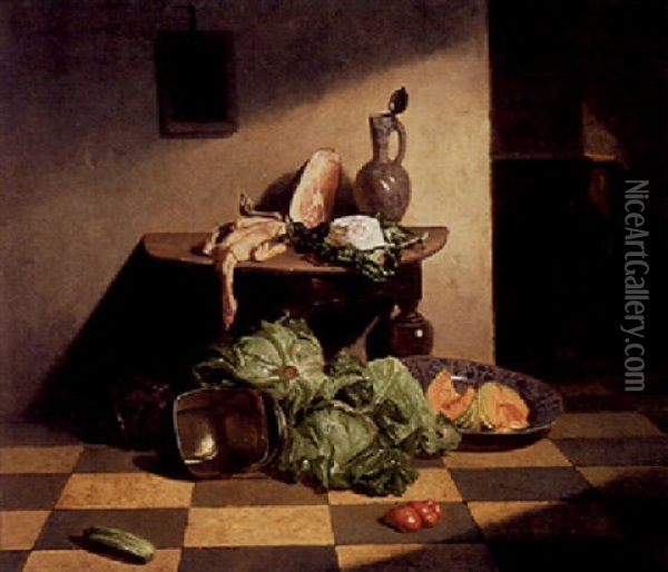 A Still Life With Ham And Melons In A Porcelain Bowl Oil Painting - David Emile Joseph de Noter