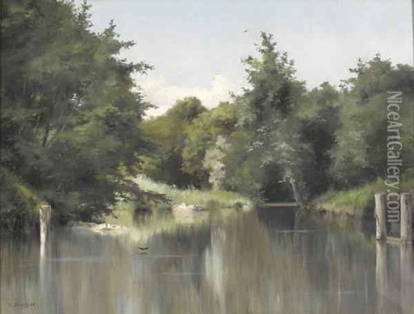 Sommerliche Flussuferpartie. Oil Painting - Fernand Gaulis