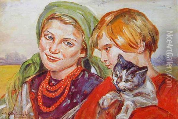 Dziewczynki Z Kotkiem Oil Painting - Wincenty Wodzinowski