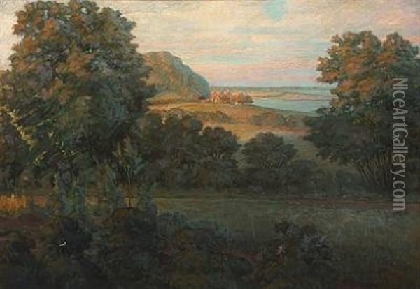 Landscape With A Forest And A Small Fishing Village On The Coast Oil Painting - Carl Mathorne