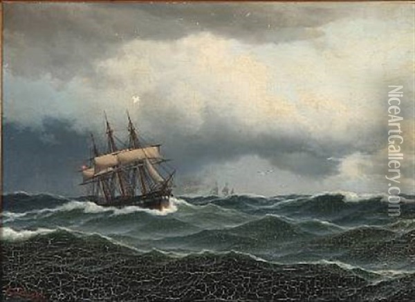 Seascape With A Sailing Ship In High Waves Oil Painting - Carl Emil Baagoe