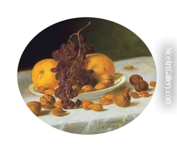 Still Life With Grapes, Oranges And Nuts (+ Still Life With Desserts And Wine; Pair) Oil Painting - John Francis