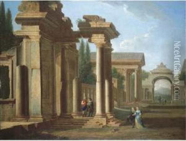 A Capriccio Of Classical Ruins With Elegant Figures Promenading Oil Painting - Nicolo Viviani Codazzi