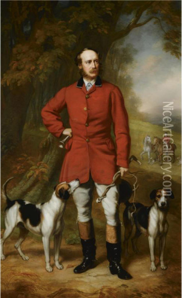 Portrait Of A Huntsman And His Hounds In A Landscape Oil Painting - John Lucas