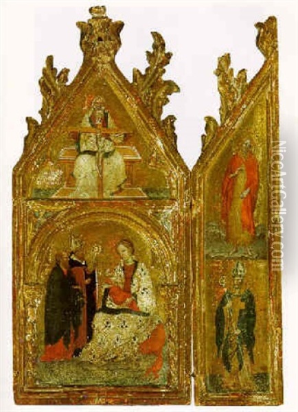 The Madonna Of Humility With Two Saints And The Holy Trinity Above Oil Painting - Jacobello Del Fiore