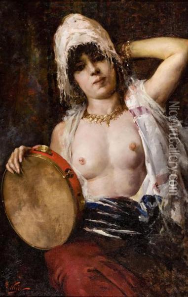 Woman With Tambourine Oil Painting - Girolamo Pieri B. Nerli