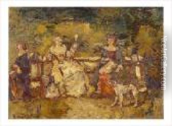 Trois Femmes Et Un Chien Dans Un Parc Oil Painting - Adolphe Joseph Th. Monticelli
