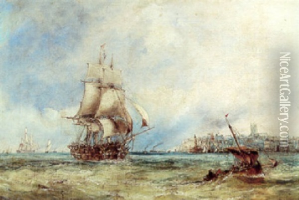 A View Of Folkstone Harbour With A Frigate And A Fishing Smack Oil Painting - Sir George Chambers