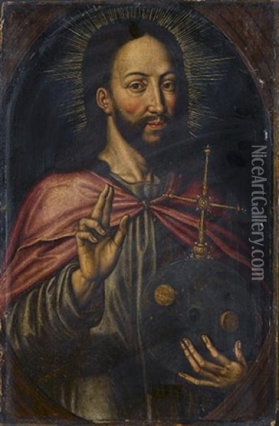 Christ As Salvator Mundi, In A Painted Arch Oil Painting - Anthuenis Claeissins
