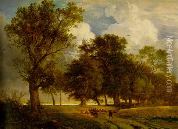 Shepherd Driving His Flock In A Wooded Landscape Oil Painting - Carl Hilgers