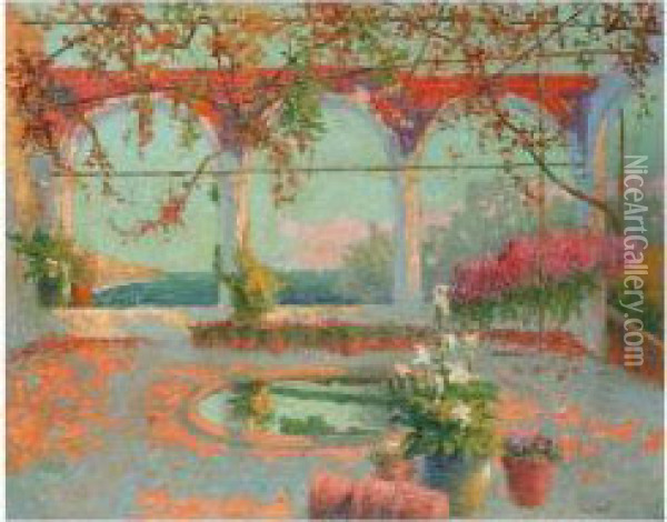 Terrace With Flowers Overlooking The Sea Oil Painting - Eugene Cadel