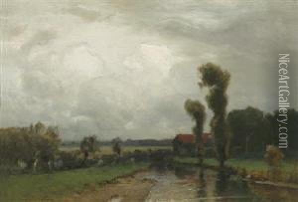 Landscape With Farmstead By The River Oil Painting - Ludwig Willroider