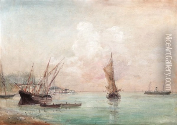 Corabii In Port Oil Painting - Eugen (Cean) Voinescu
