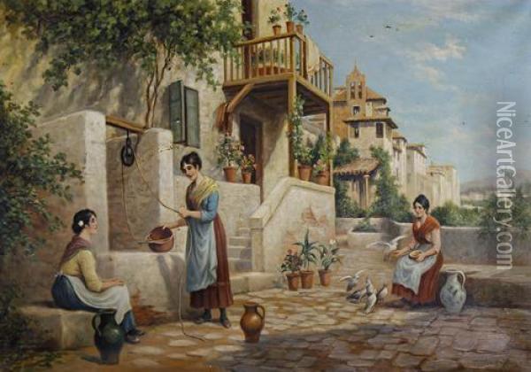 A Spanish Courtyard Oil Painting - Arthur Trevor Haddon