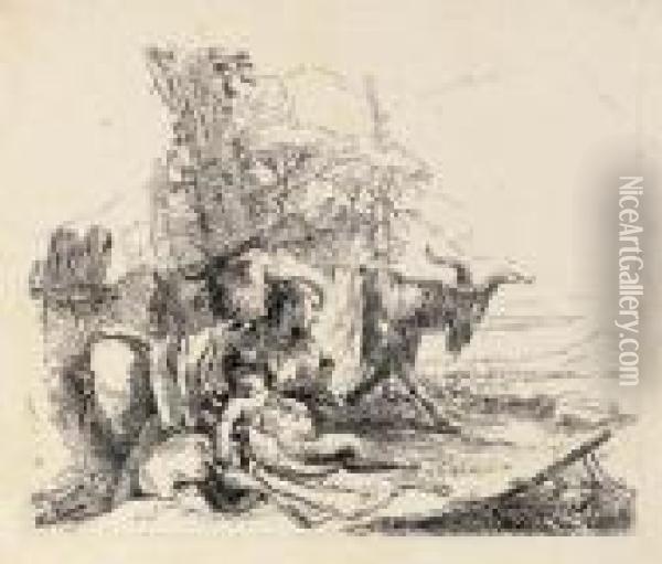 A Nymph With A Small Satyr And Two Goats From Vari Capricci Oil Painting - Giovanni Battista Tiepolo