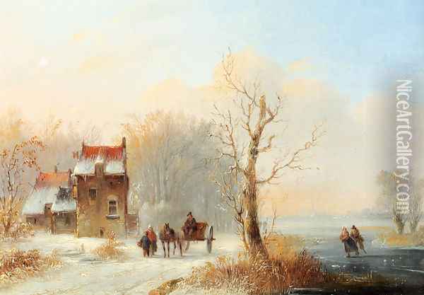 A Winter Landscape With Skaters On A Frozen waterway And A Horse-drawn Cart On A Snow-covered Track Oil Painting - Jacobus Van Der Stok