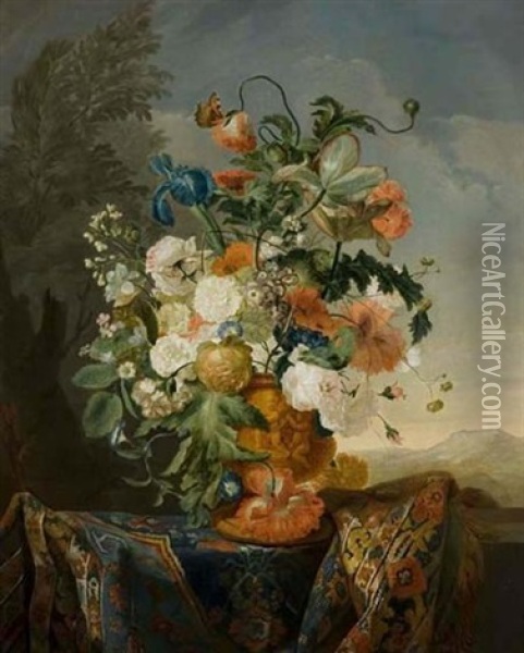 Still Life With Flowers And An Oriental Rug Before A Country Landscape Oil Painting - Justus van Huysum the Elder