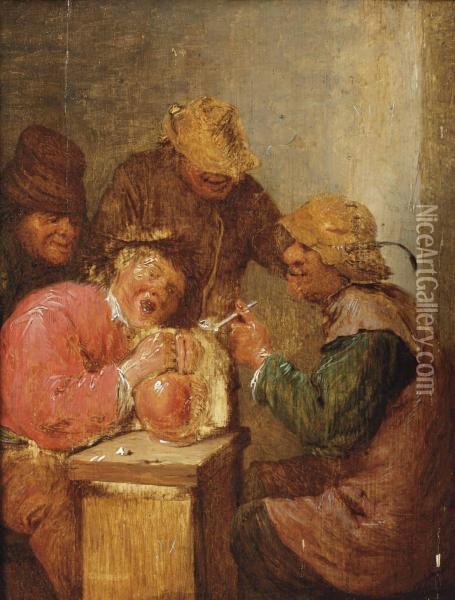 Four Peasants Drinking And Smoking In An Interior 
 Oil On Panel Oil Painting - Adriaen Brouwer