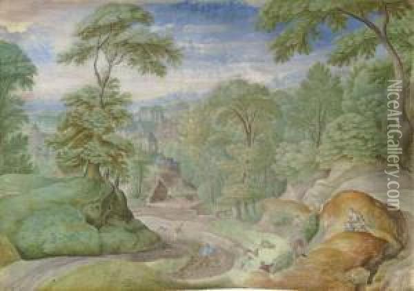 A Wooded Landscape With Hunters, A Town Beyond Oil Painting - Hans Bol