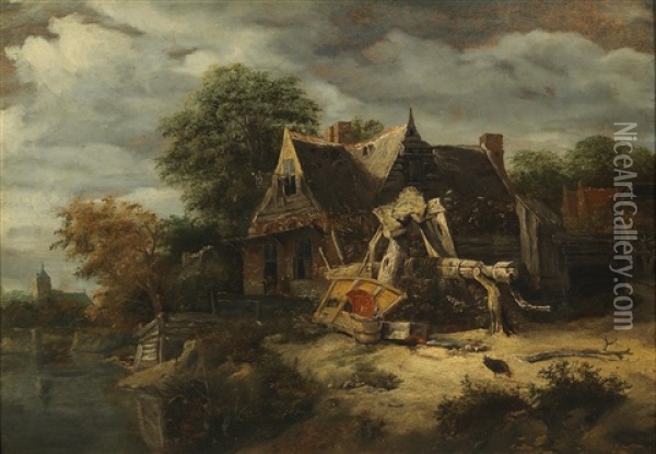 A Farmstead On The Banks Of A River Oil Painting - Cornelis Gerritsz Decker