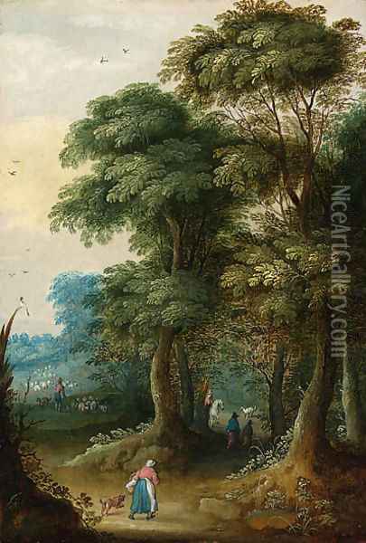 A wooded landscape with a traveller on a horse; and Peasants in a wooded landscape Oil Painting - Jasper van der Laanen