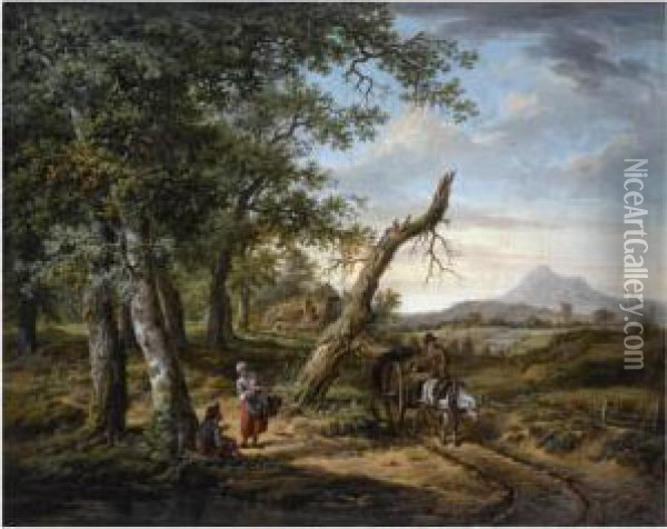 A Wooded, Hilly Landscape With A
 Farmer On A Horse-drawn Cart On A Muddy Path, Peasants Resting Nearby, A
 Farmhouse Beyond Oil Painting - Pieter Bartholomeusz. Barbiers IV