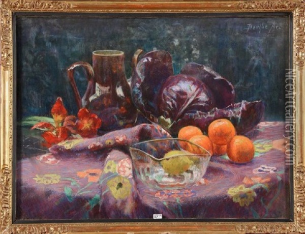 Nature Morte Au Chou, Aux Oranges, Au Citron Et Aux Fleurs Oil Painting - Berthe Art