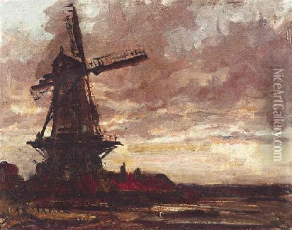 Hollandische Landschaft Mit Windmuhle Oil Painting - Armand Gustave Gerard Jamar