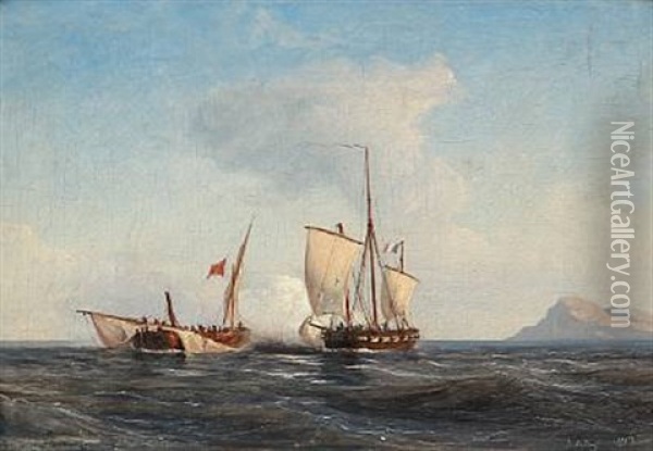 Two Sailing Ships Fighting Against Each Other Oil Painting - Daniel Hermann Anton Melbye