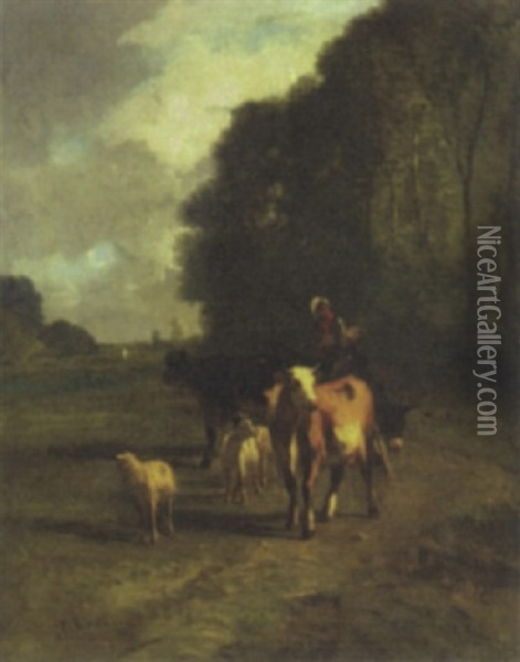 Drover On Country Path Oil Painting - Andres Cortes y Aguilar