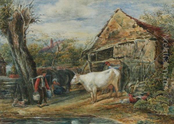 Farmyardscene With Cattle And Figures Before A Ramshackle Stable Oil Painting - John Linnell