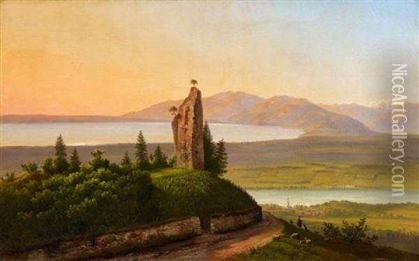 Ruined Castle At Twilight By Lake Constance Oil Painting - Karl Christian Sparmann