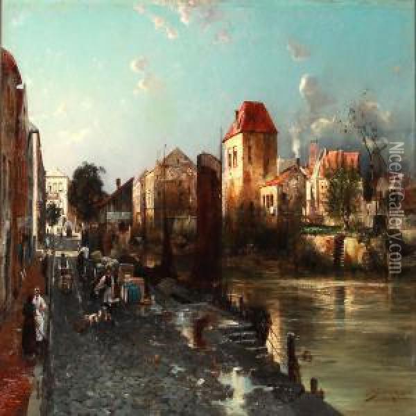 View Of A Dutch City With Canals Oil Painting - Jacques Matthias Schenker